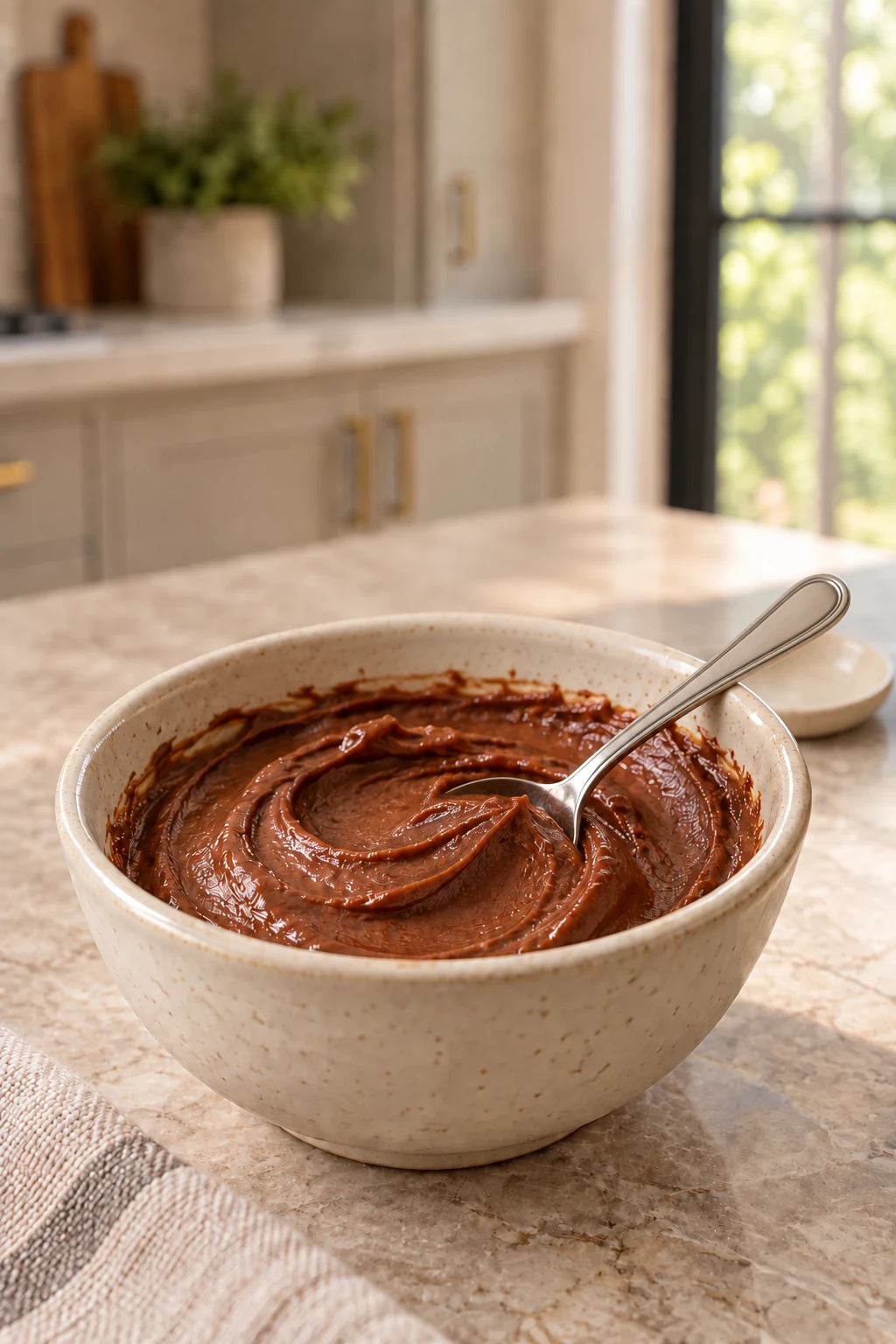 Smooth chocolate frosting endpoint with a stainless spoon resting securely in the ceramic bowl