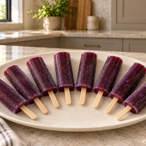 Eight finished deep-purple Concord grape juice pops with wooden sticks