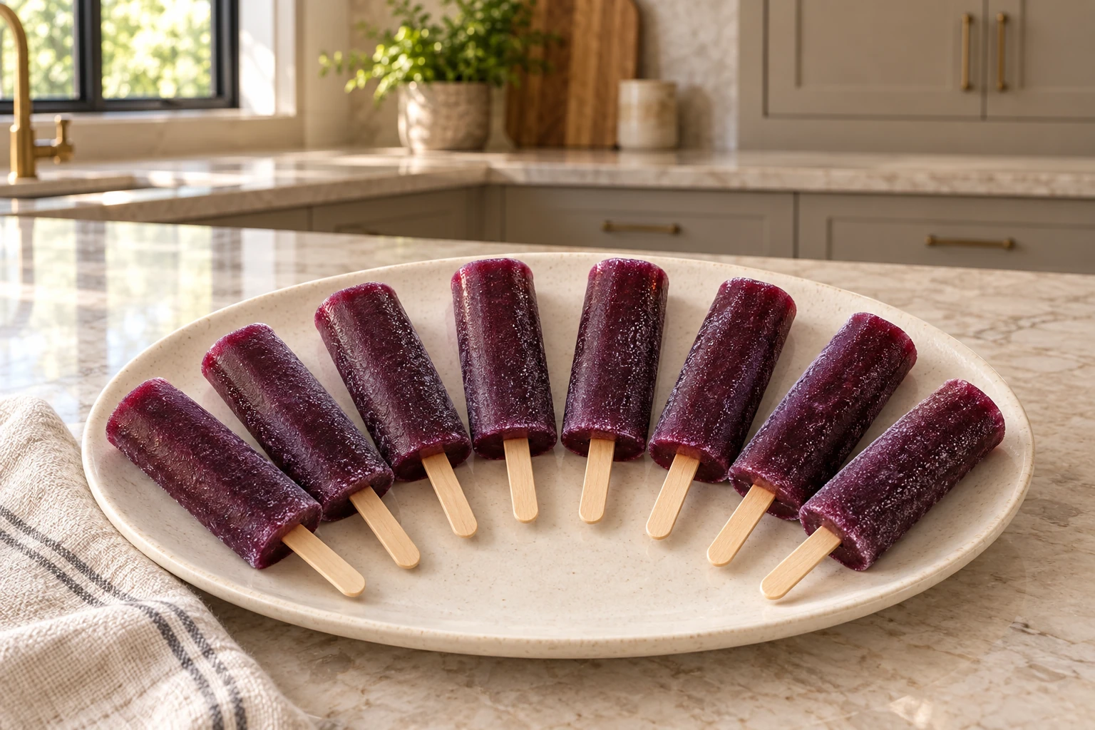 Eight finished deep-purple Concord grape juice pops with wooden sticks