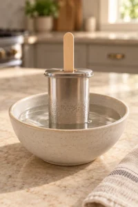 Stainless pop mold warmed exterior-only in a ceramic water bath