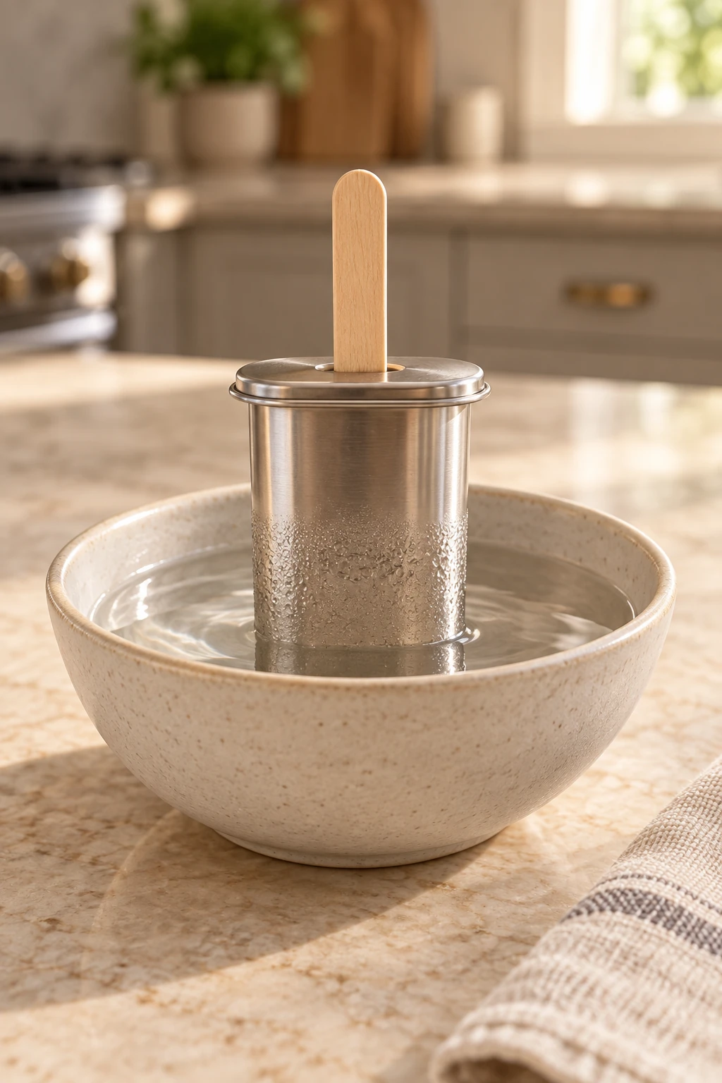 Stainless pop mold warmed exterior-only in a ceramic water bath