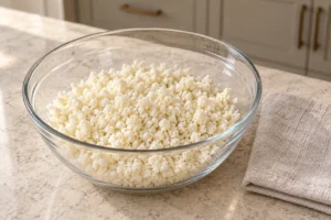 Rice-size cauliflower crumbs in a glass bowl before cooking