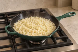 Finished steamed cauliflower rice in an Artichaut skillet with black enamel interior