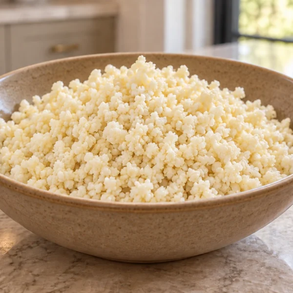 Close bowl of steamed cauliflower rice with visibly crumbled florets