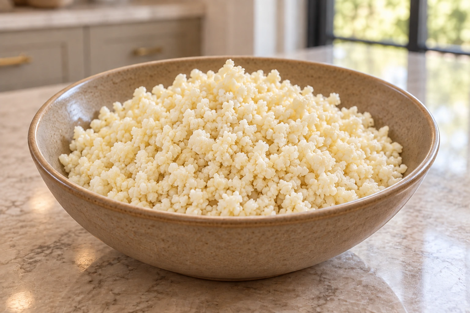Close bowl of steamed cauliflower rice with visibly crumbled florets