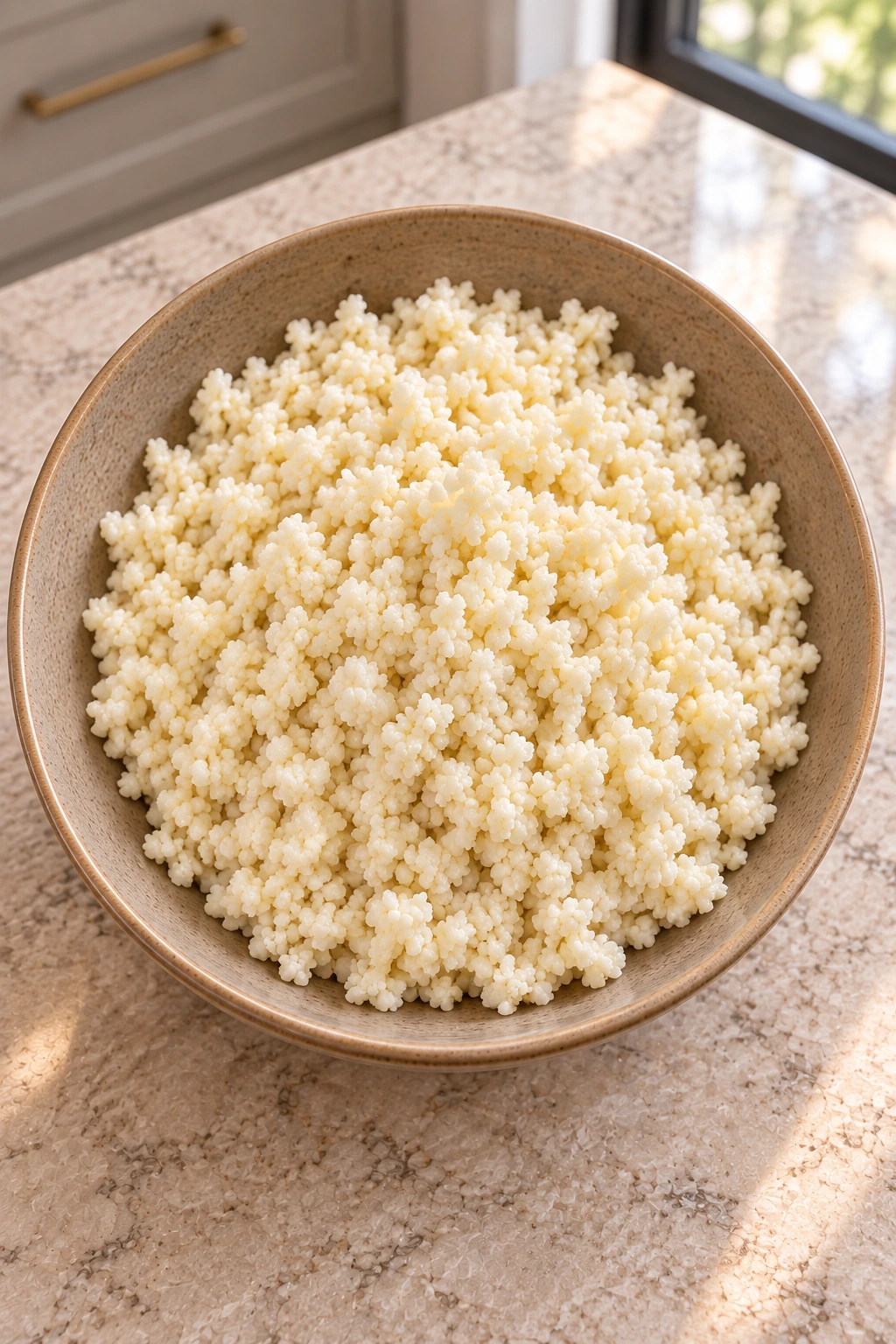 Near-overhead bowl of steamed cauliflower rice in the WFLI kitchen