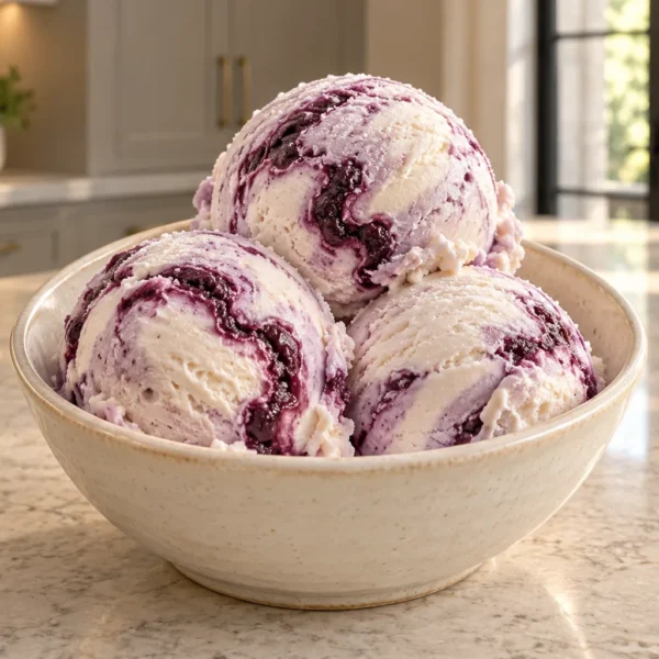 Cultured sour cream lavender blackberry swirl ice cream for Full GAPS in a ceramic bowl