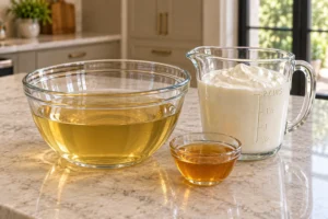 Cooled lavender infusion beside measured cultured sour cream and raw honey for Full GAPS ice cream