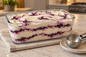 Cultured sour cream ice cream layered with blackberry sauce in a glass freezer dish