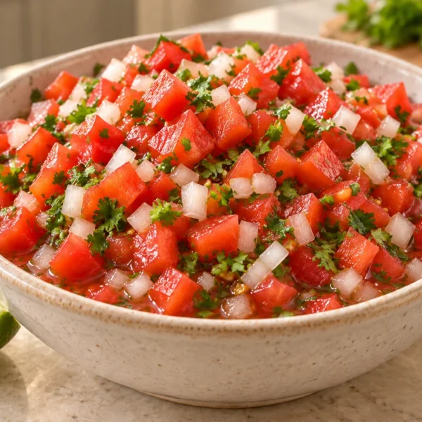 Classic pico de gallo with tomato, onion, lime, cilantro, and sea salt