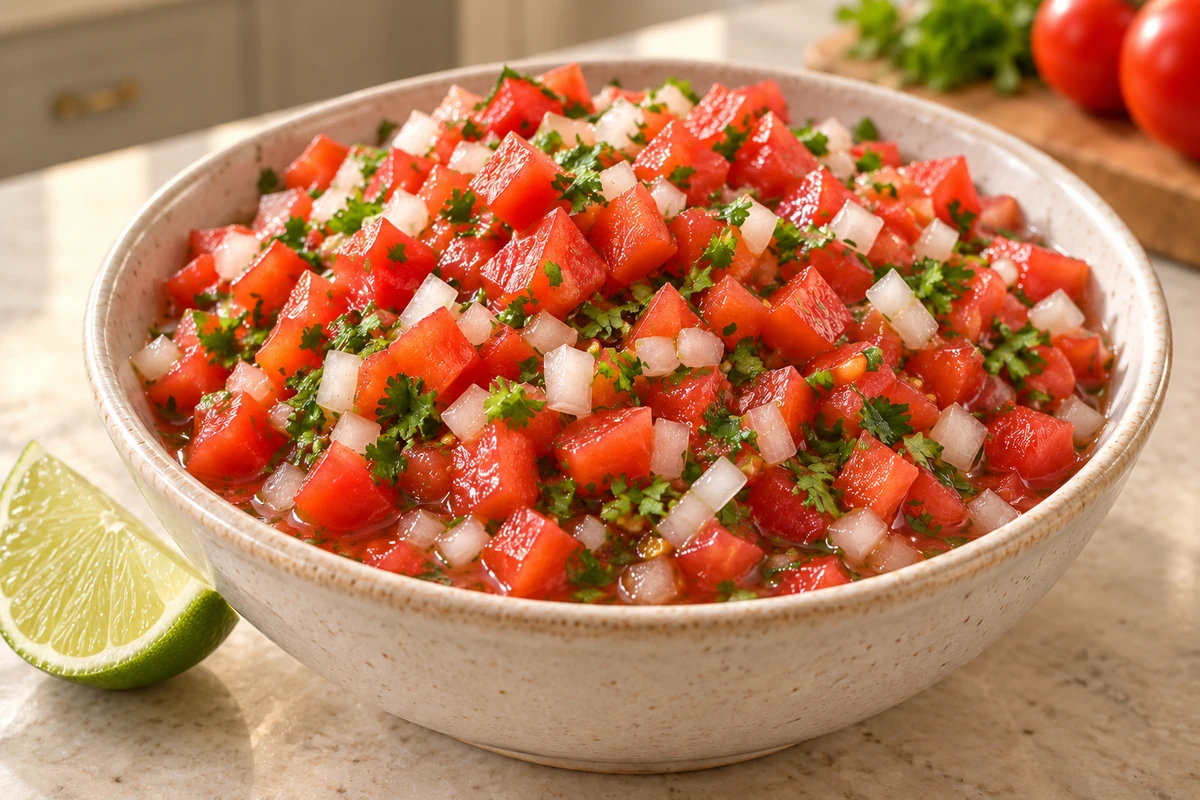 Classic pico de gallo with tomato, onion, lime, cilantro, and sea salt