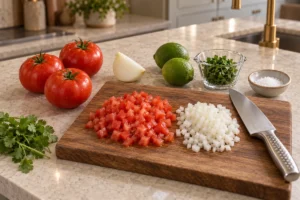 Three tomatoes, one-third onion, limes, cilantro, and sea salt for classic pico de gallo