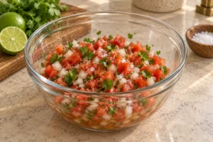 Chopped classic pico de gallo beginning to rest in a glass bowl