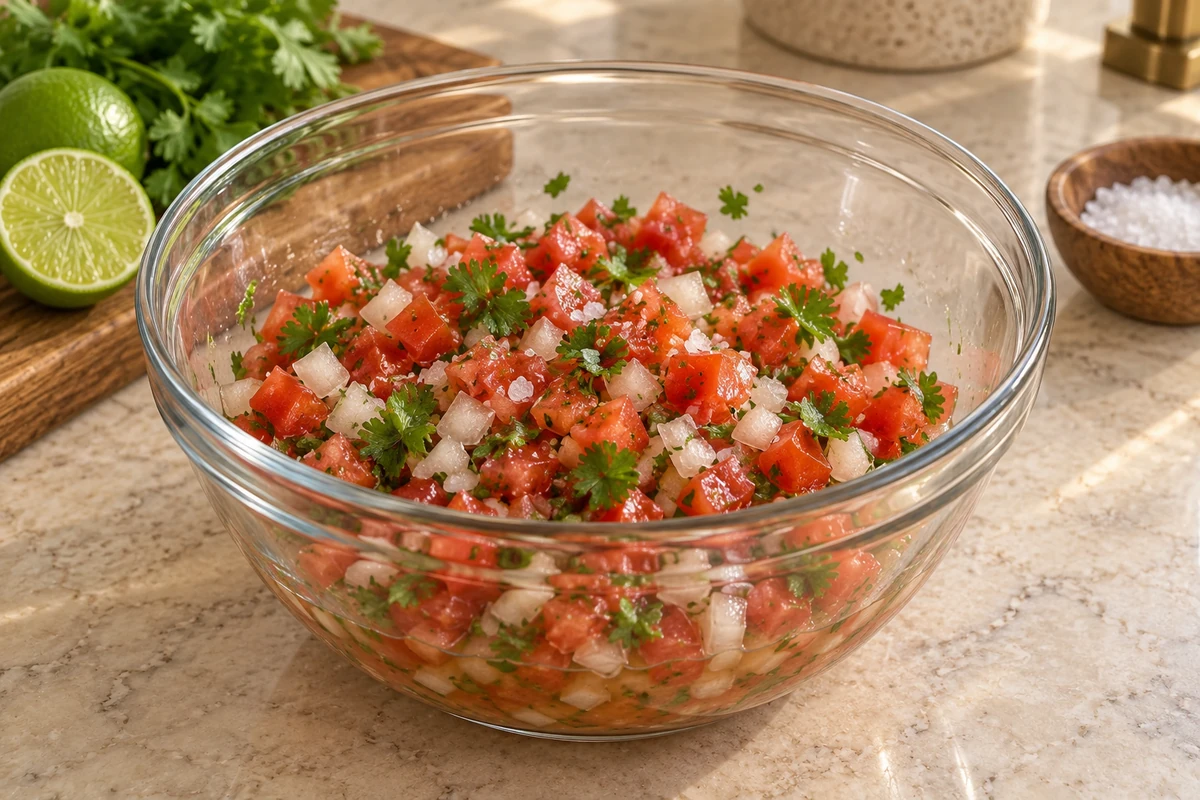 Chopped classic pico de gallo beginning to rest in a glass bowl