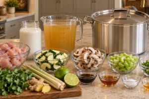 Measured tom kha gai ingredients with Le Creuset stainless stockpot