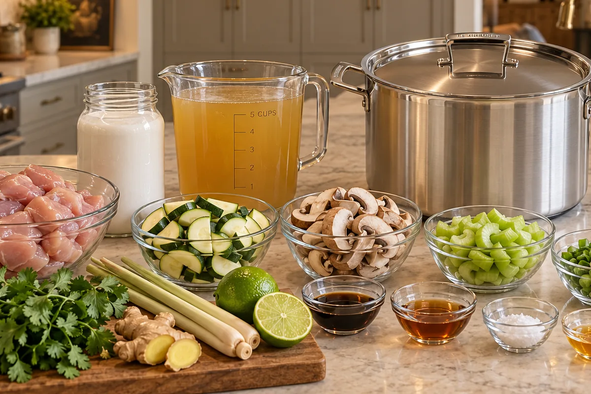 Measured tom kha gai ingredients with Le Creuset stainless stockpot