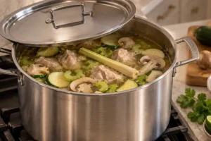 Chicken and vegetables gently simmering with lemongrass