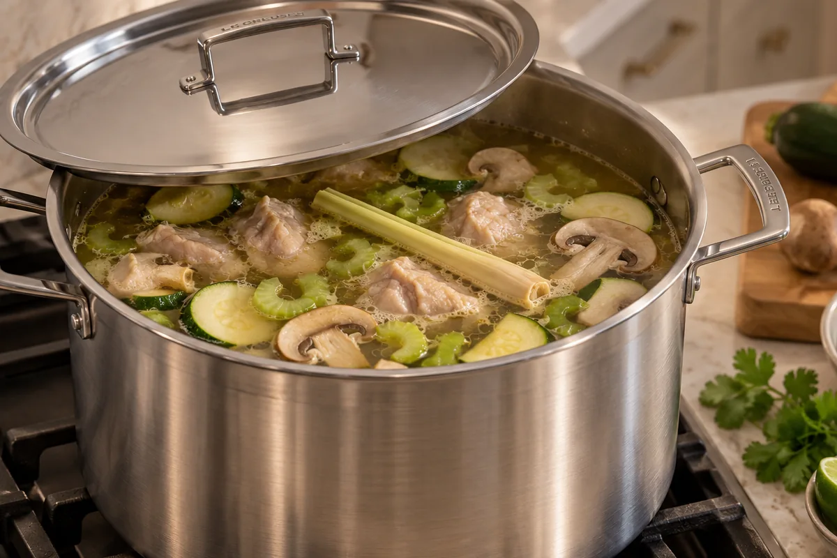 Chicken and vegetables gently simmering with lemongrass