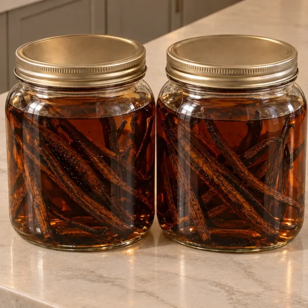 Two glass jars of dark eight-week homemade vanilla extract for Full GAPS with immersed split beans and fine vanilla seeds