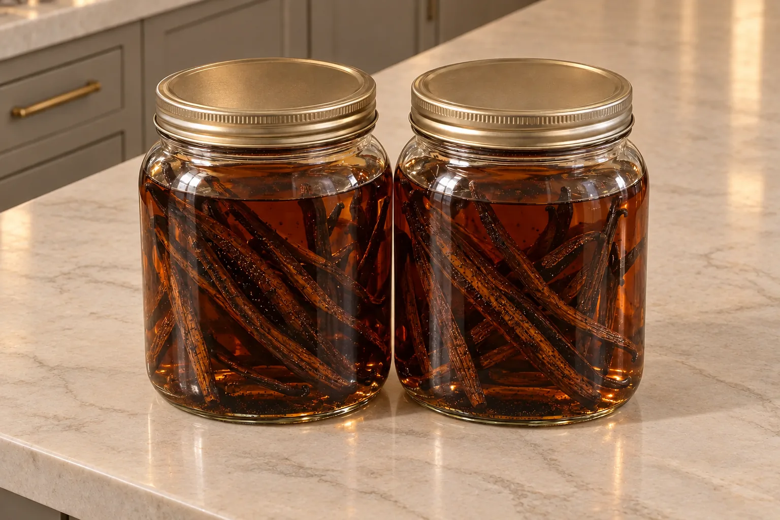 Two glass jars of dark eight-week homemade vanilla extract for Full GAPS with immersed split beans and fine vanilla seeds