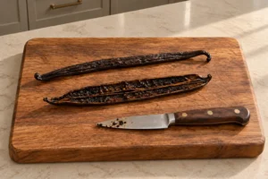 A vanilla bean split for Full GAPS homemade extract with sticky fine seed paste and residue on the supported used knife