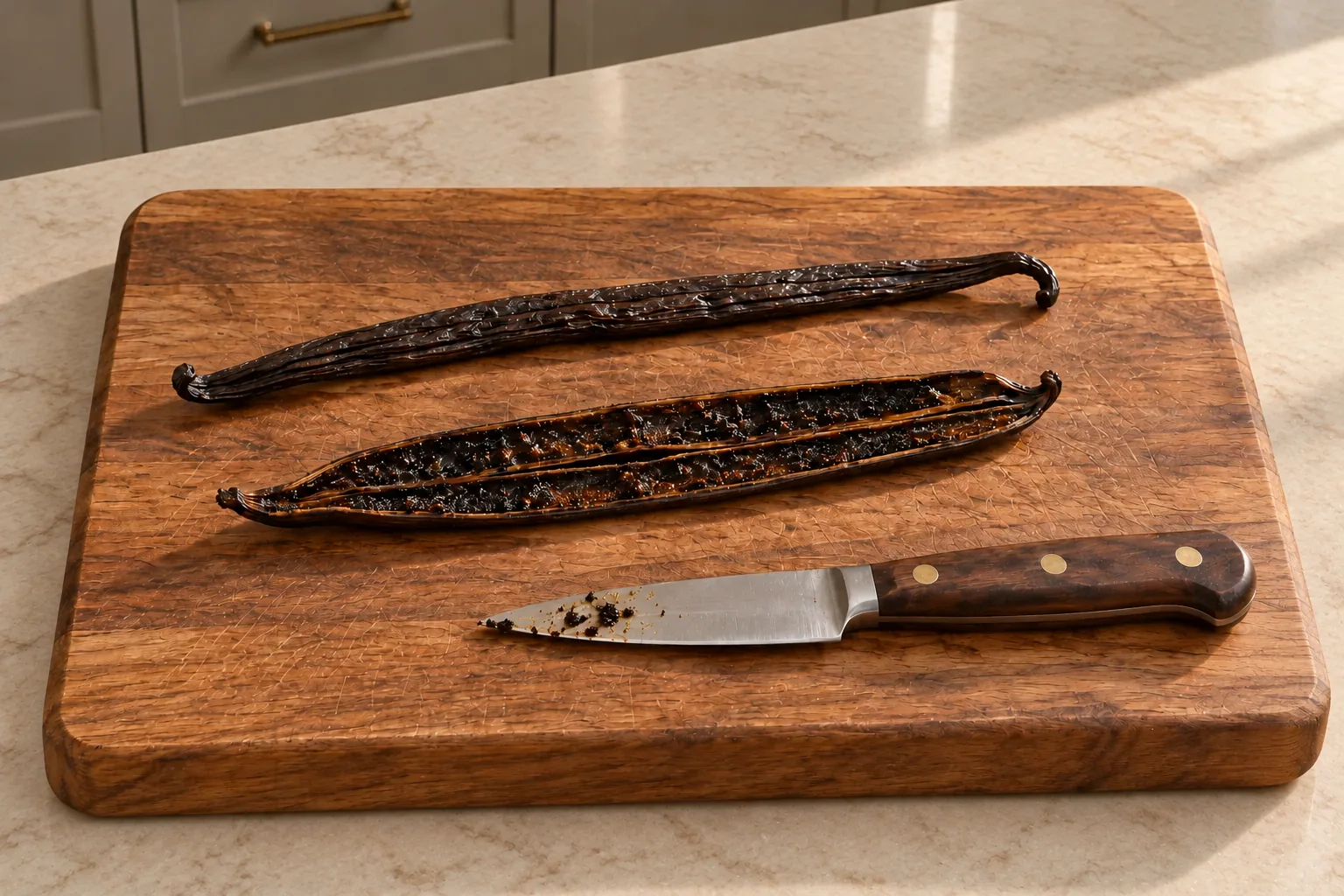 A vanilla bean split for Full GAPS homemade extract with sticky fine seed paste and residue on the supported used knife