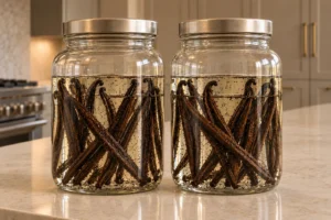 Freshly assembled Full GAPS vanilla extract in two glass jars with clear grape vodka, split pods, and vanilla seed flecks