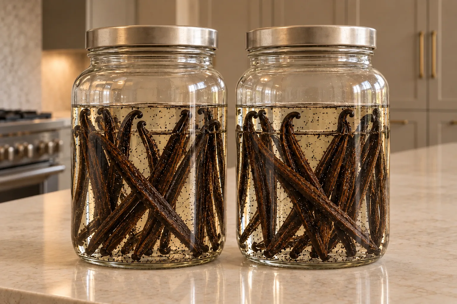 Freshly assembled Full GAPS vanilla extract in two glass jars with clear grape vodka, split pods, and vanilla seed flecks