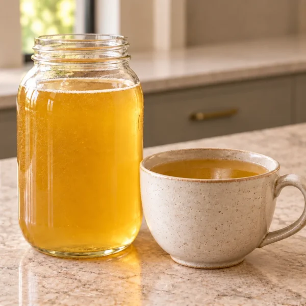 Strained later Full GAPS chicken bone broth in a glass jar beside a neutral ceramic cup