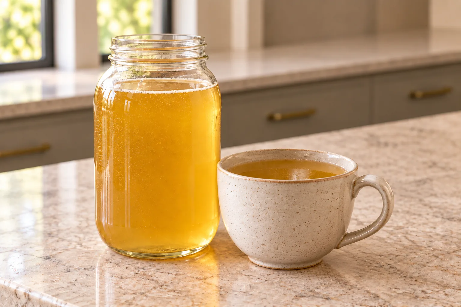 Strained later Full GAPS chicken bone broth in a glass jar beside a neutral ceramic cup