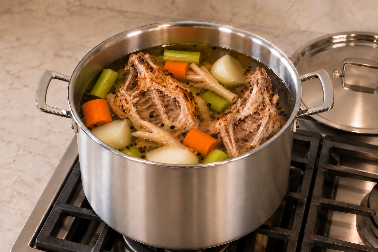 Cooked chicken carcasses vegetables peppercorns and water assembled in a supported Le Creuset stainless stockpot before heating