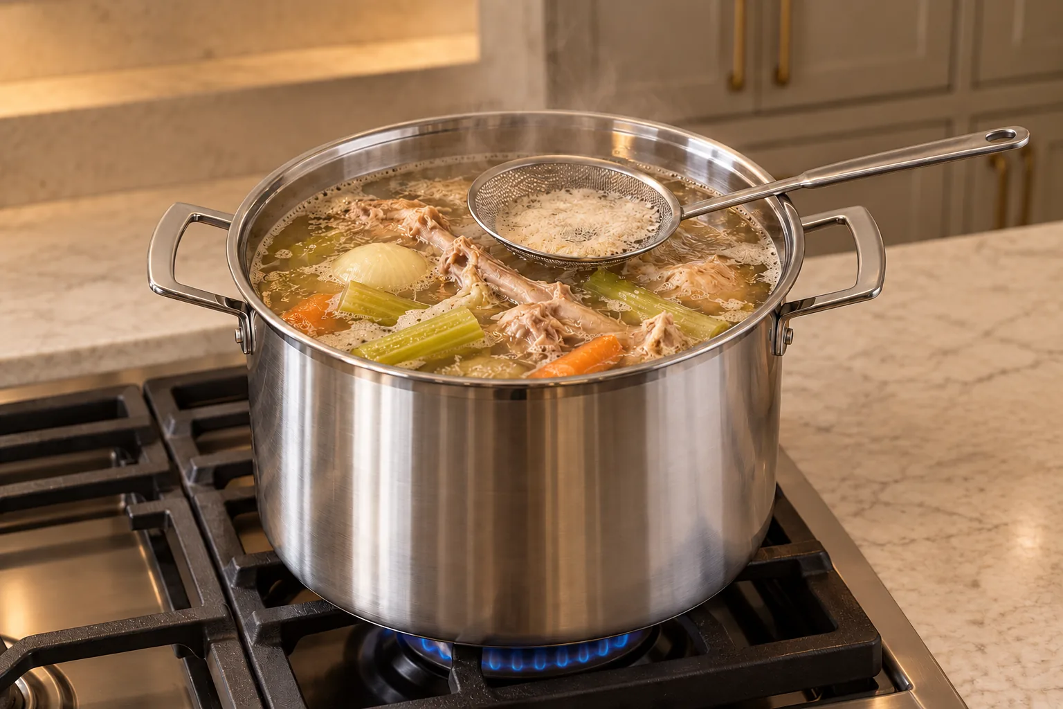 Scum being removed with a stainless skimmer resting securely across the rim of a Le Creuset stainless stockpot