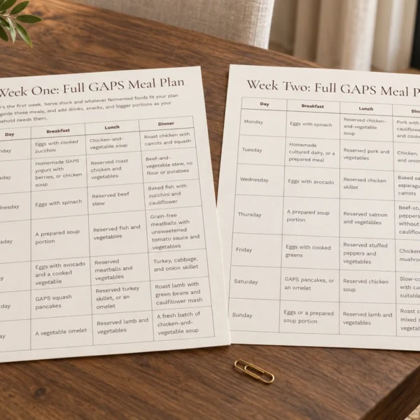 Two completed weekly Full GAPS menus on the WFLI walnut dining table.