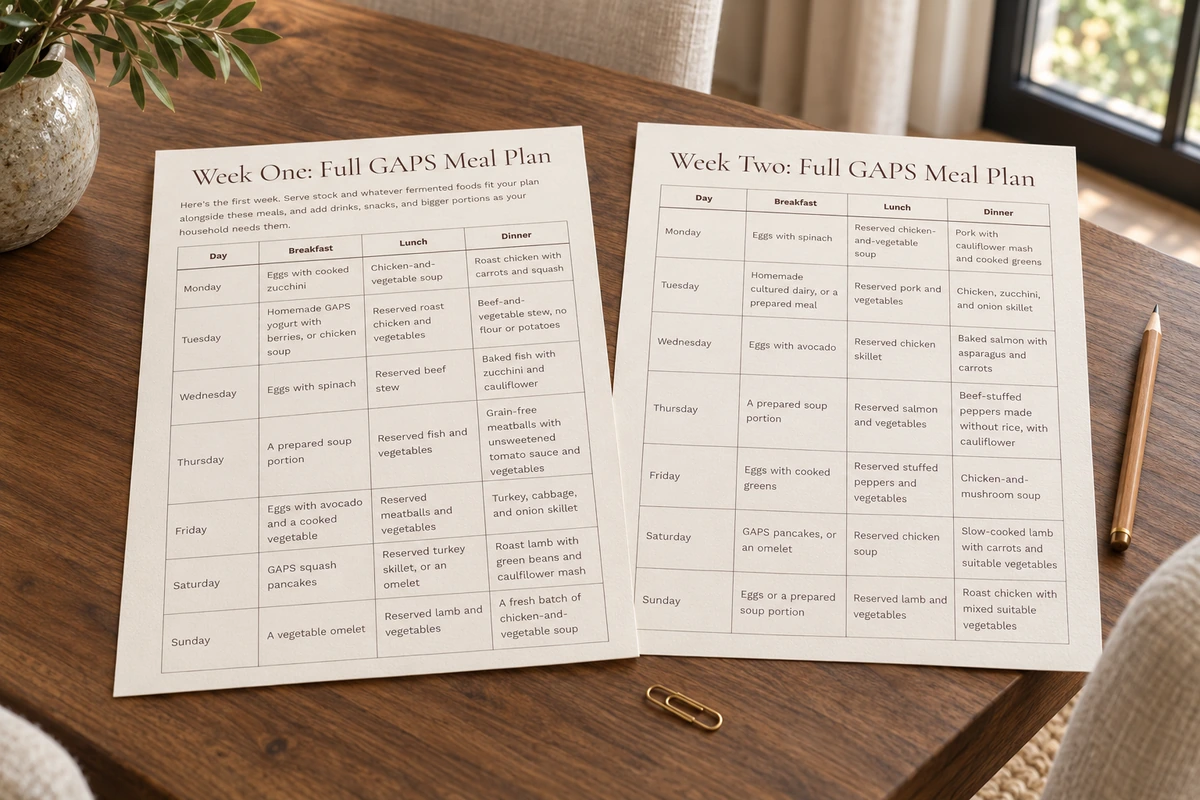 Two completed weekly Full GAPS menus on the WFLI walnut dining table.