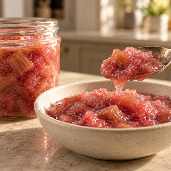 A spoon lifts rosy rhubarb sauce with soft pieces above a bowl and clear jar.