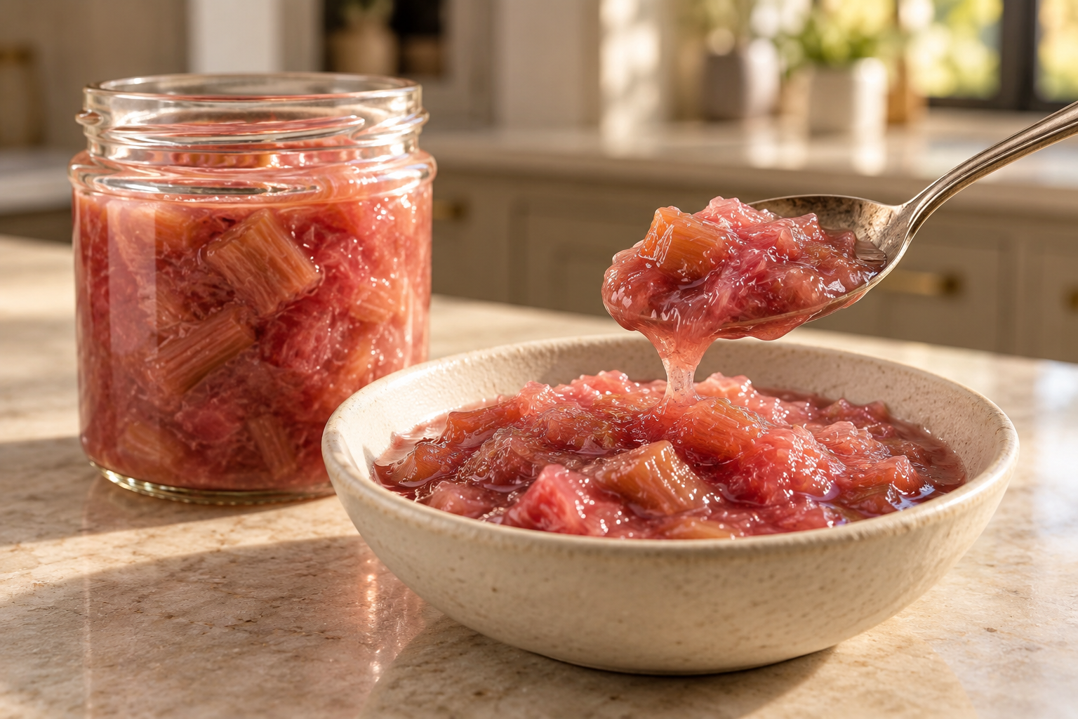 A spoon lifts thick rosy rhubarb sauce with tender pieces above a bowl and clear jar.