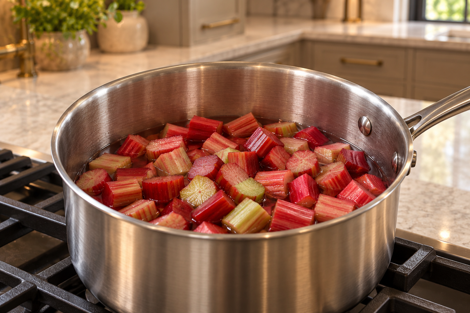 Chopped edible rhubarb stalks in shallow water in a stainless saucepan before cooking.