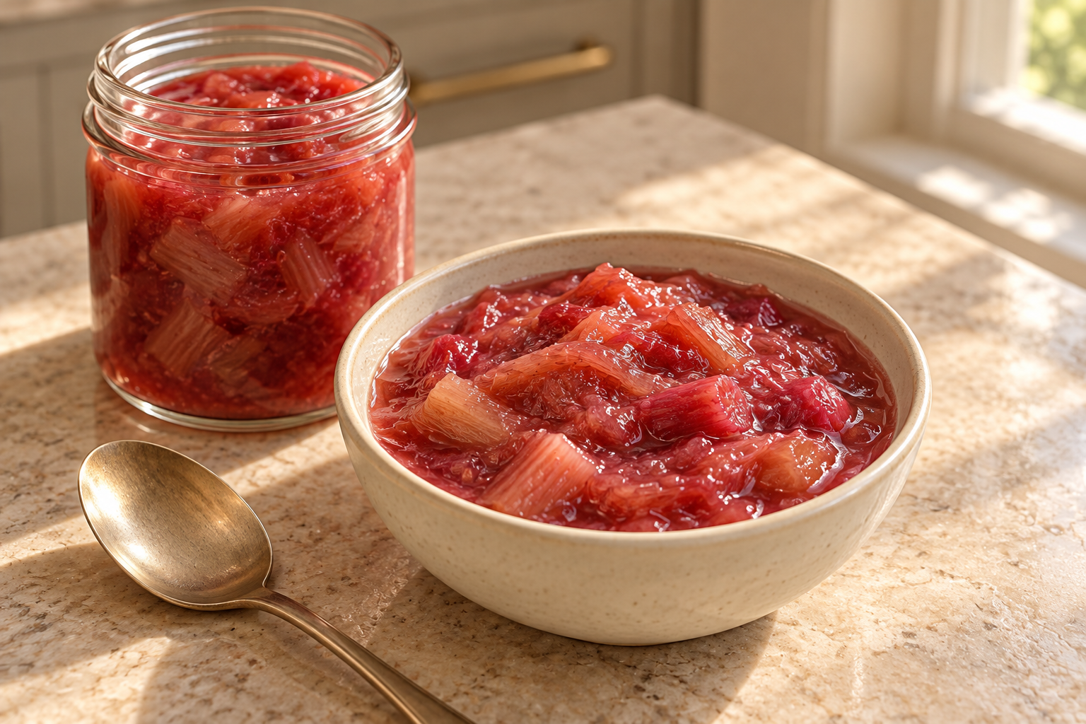 A bowl and glass jar of finished rosy rhubarb sauce on a warm stone counter.
