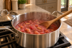 Soft rosy rhubarb pieces simmer in a stainless saucepan beside a wooden spoon before honey is added.