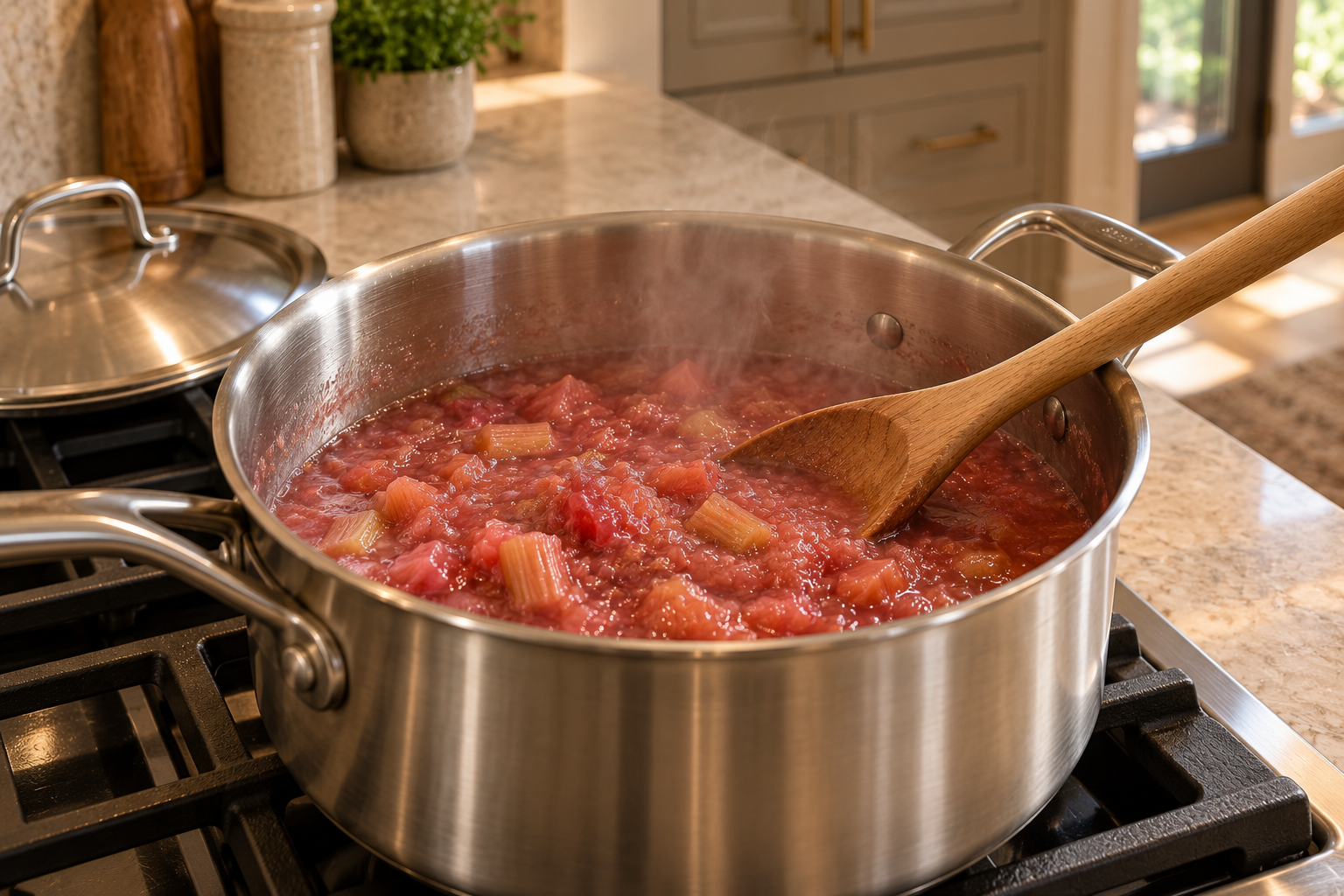Soft rosy rhubarb pieces simmering in a saucepan with a wooden spoon before honey is added.