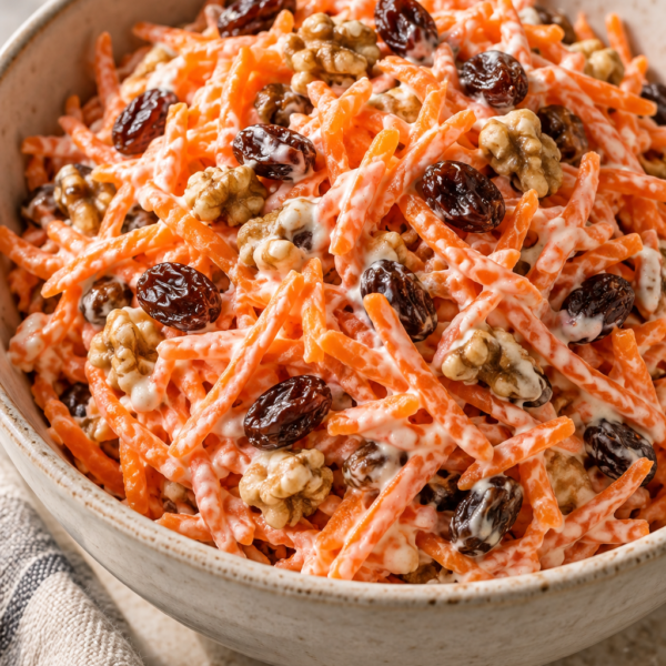Warm carrot salad with yogurt, softened raisins, and prepared walnuts