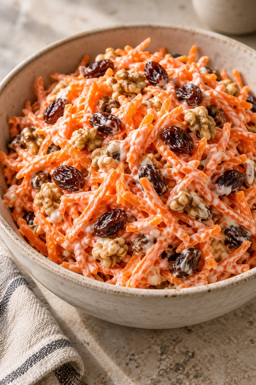 Warm carrot salad with yogurt, softened raisins, and prepared walnuts