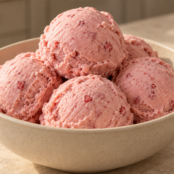 Five scoops of pale pink Full GAPS strawberry coconut milk ice cream in a cream ceramic bowl