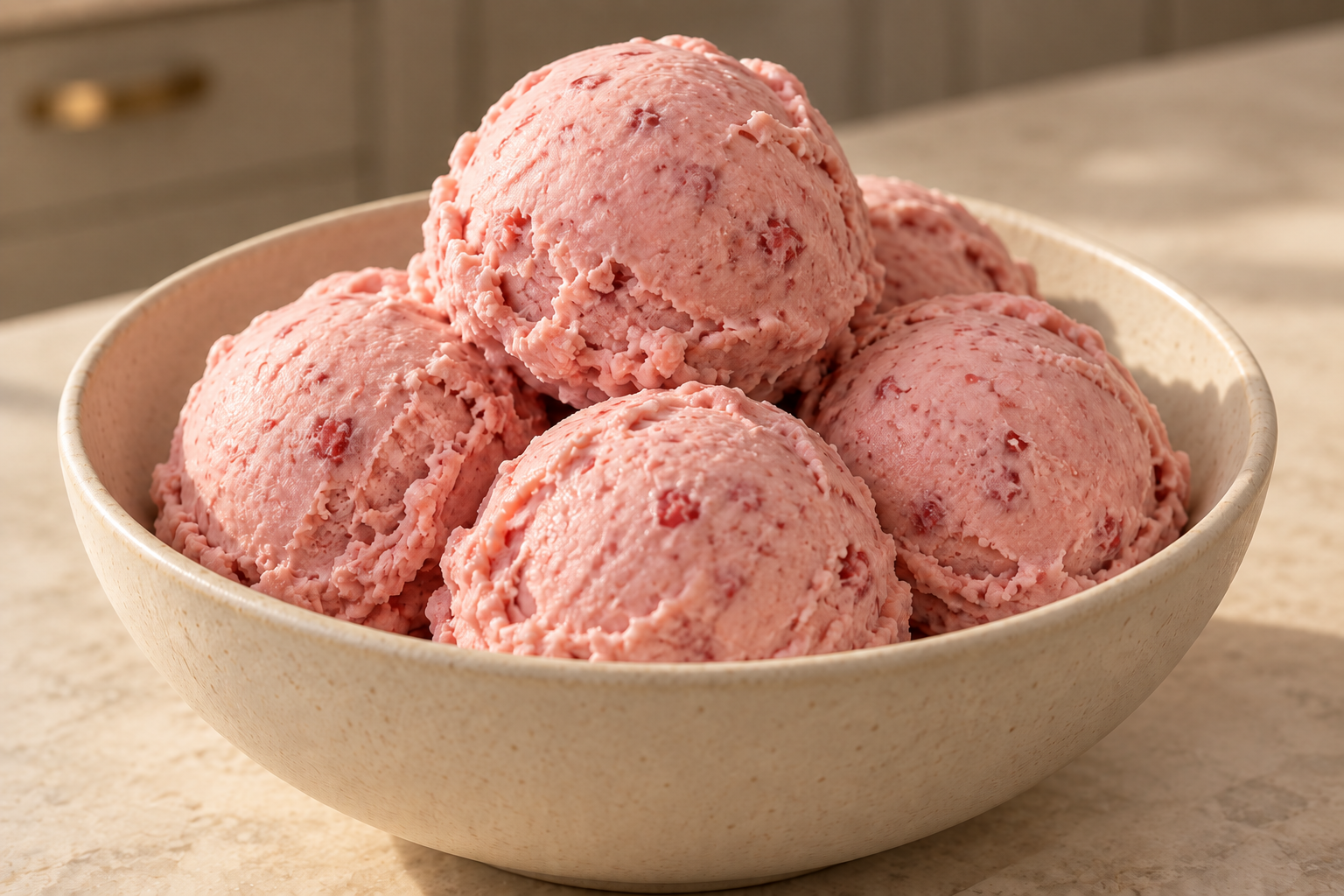 Five scoops of pale pink Full GAPS strawberry coconut milk ice cream in a cream ceramic bowl
