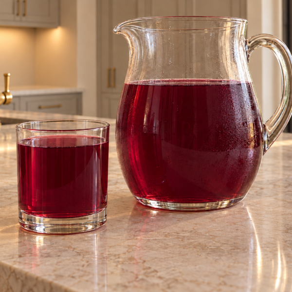 Glass pitcher and tumbler of fresh blueberry switchel in the WFLI kitchen