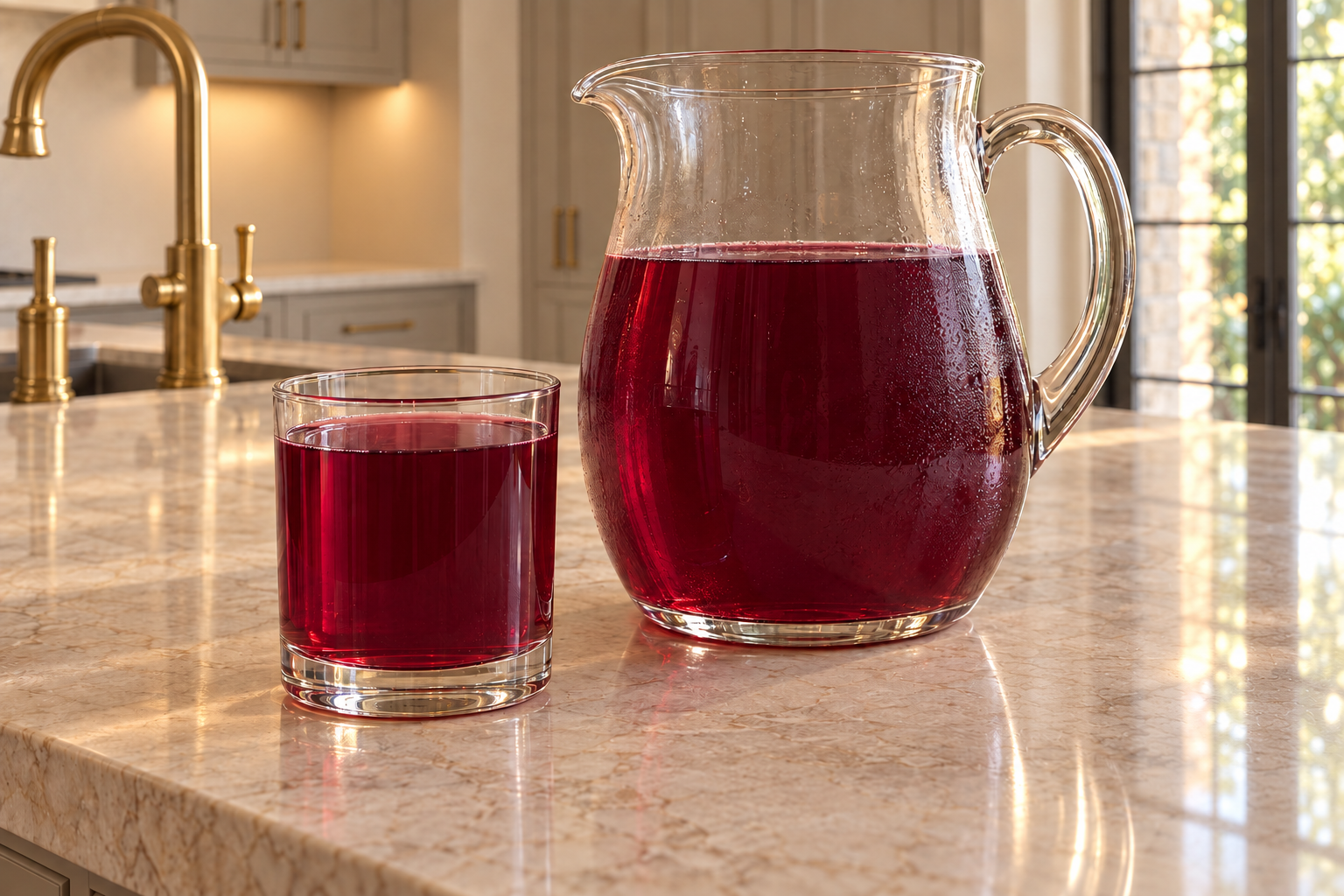 Glass pitcher and tumbler of fresh blueberry switchel in the WFLI kitchen