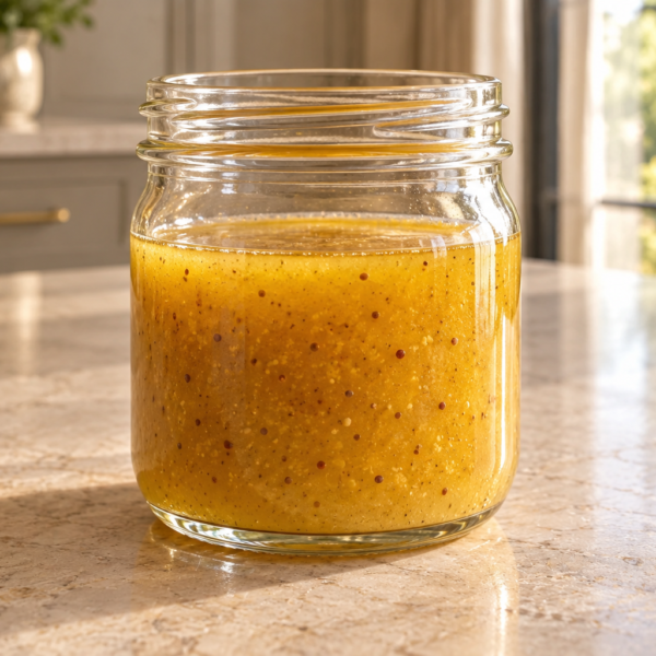 Golden honey mustard vinaigrette in a clear glass jar in the WFLI kitchen
