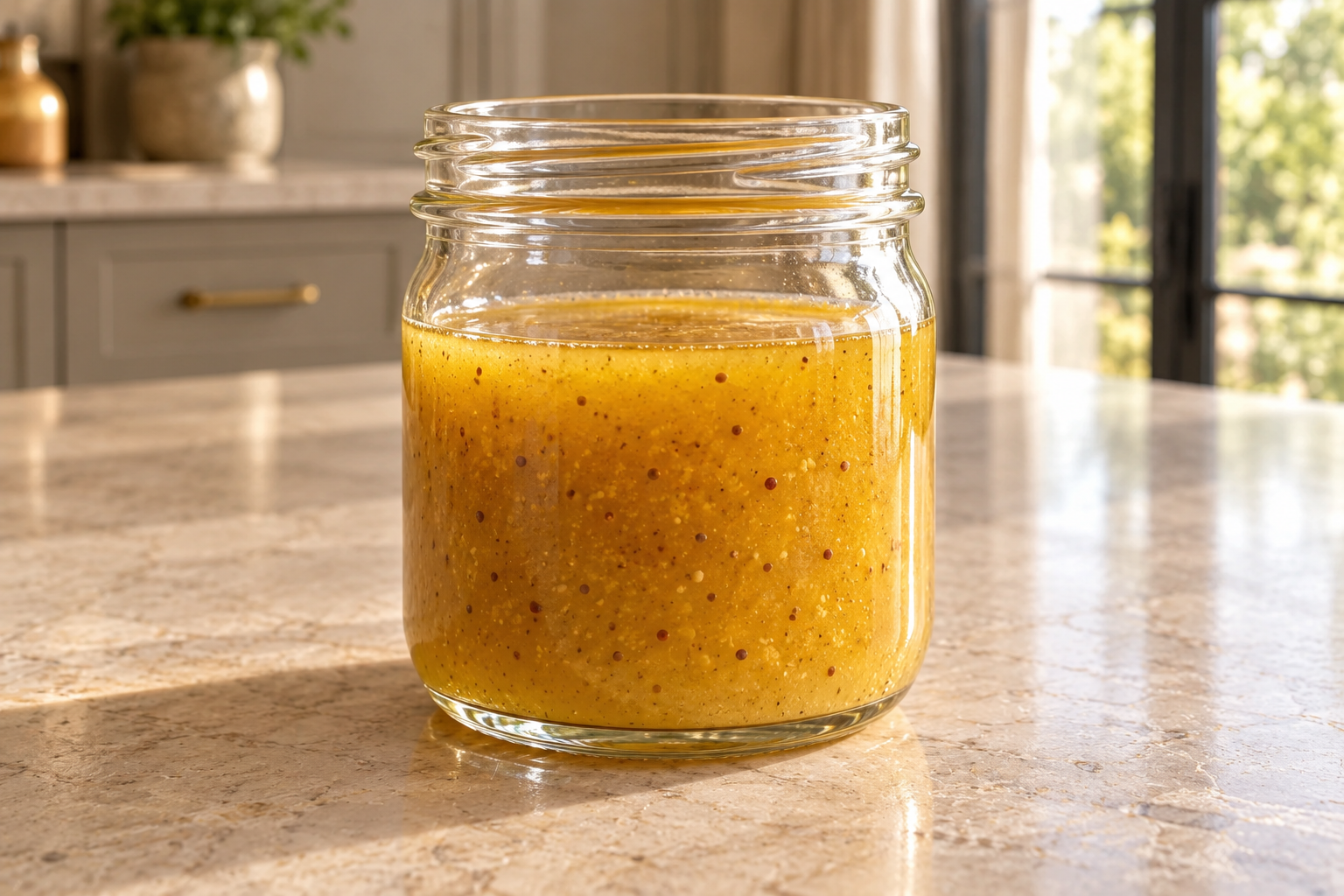 Golden honey mustard vinaigrette in a clear glass jar in the WFLI kitchen