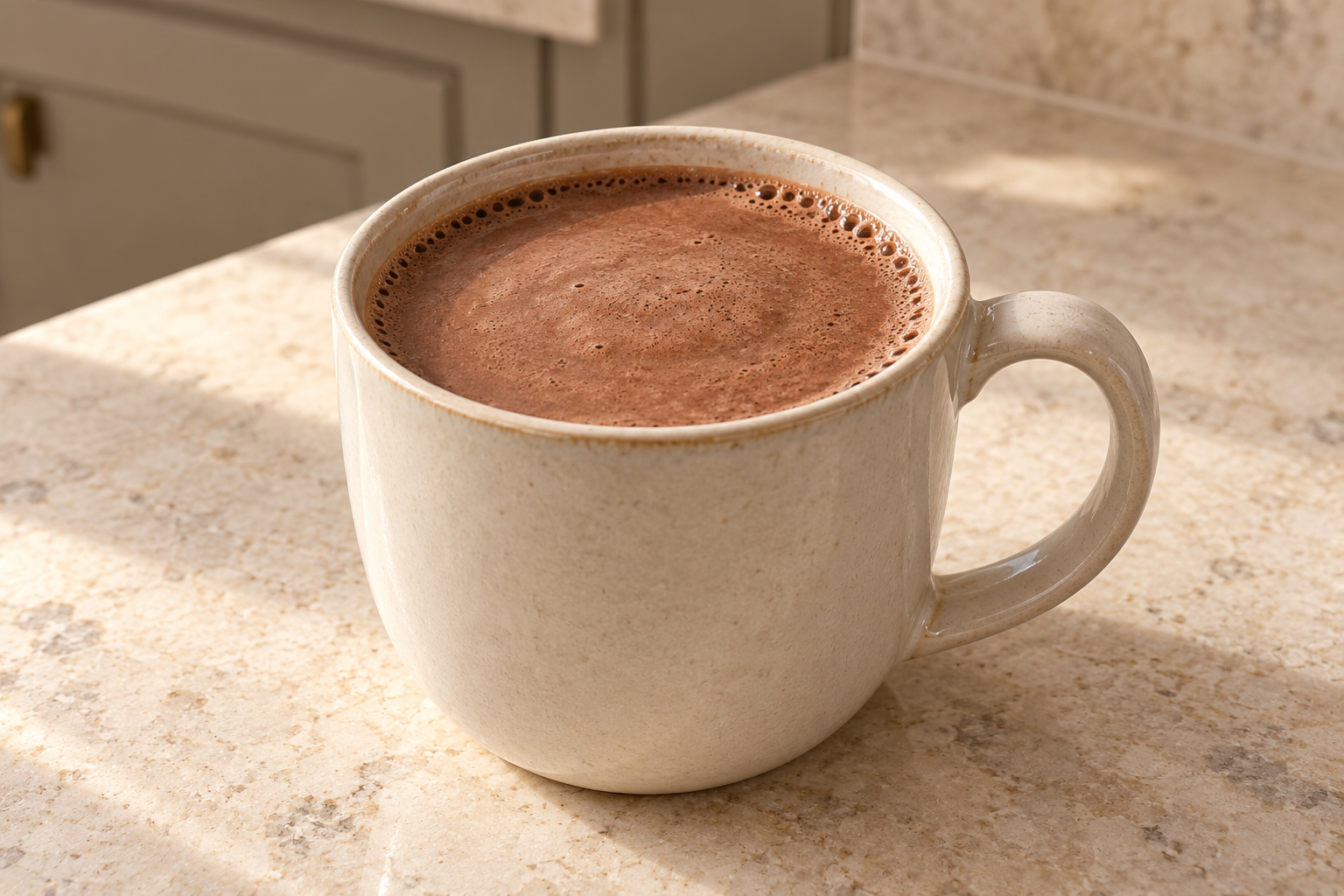 Foamy Full GAPS bulletproof hot chocolate in a cream ceramic mug