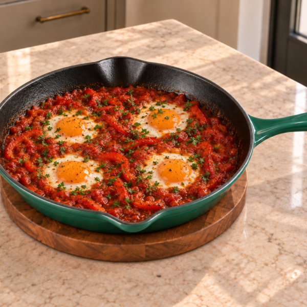 Meatless shakshuka with four softly cooked eggs in tomato and red pepper sauce